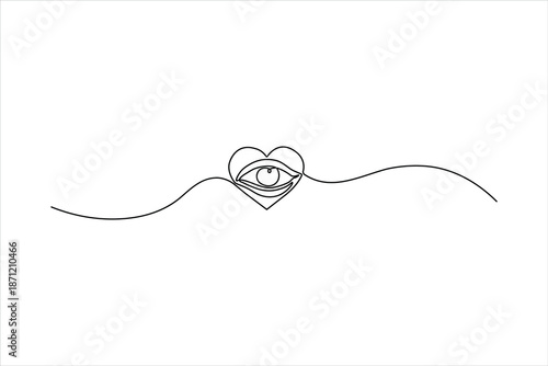 A minimalist one-line art illustration featuring a classic eye outline integrated with a heart shape, representing love, passion, and vision.