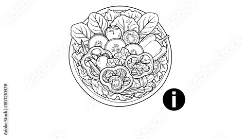 Black and white sketch of a salad bowl with various vegetables.

