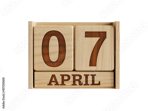 Wooden calendar blocks showing the date 07 april on a transparent background