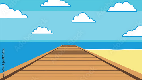 A wooden pier extends towards the horizon under a bright sunny sky with fluffy clouds