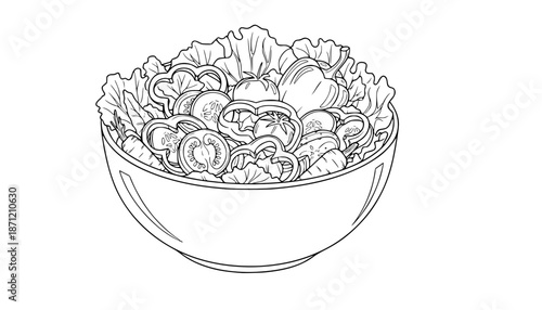 Black and white sketch of a salad bowl with various vegetables.
