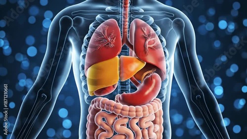 Anatomical illustration of human internal organs against a blue background