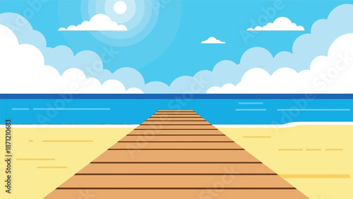 A tranquil seaside scene featuring a wooden pier extending towards the bright blue ocean