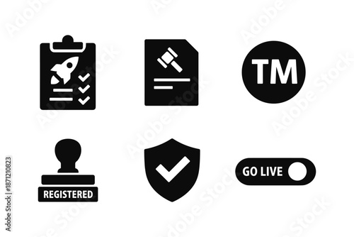 Business and legal icon set: trademark, document, and security symbols