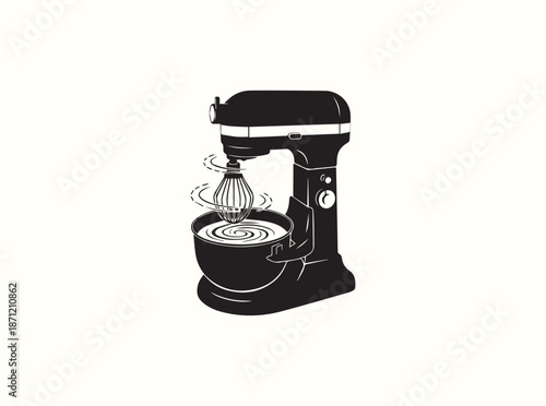 Black silhouette of rotating commercial mixer whisk, isolated on pure white, bakery kitchen equipment
