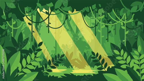 Sunlight filtering through lush green jungle foliage creating a vibrant and natural scene