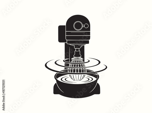 Black silhouette of bakery mixer whisking ingredients, circular rotation indicated, isolated on white
