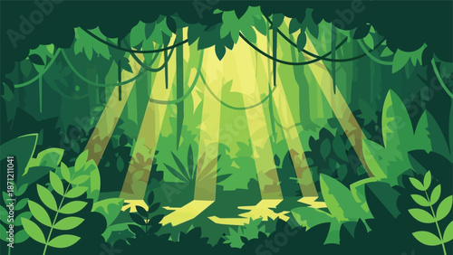Lush green jungle scene with tall trees and sunbeams filtering through the canopy