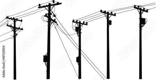 Electric power poles silhouette, black and white vector illustration, industrial energy transmission lines, urban electricity distribution post, utility infrastructure design concept