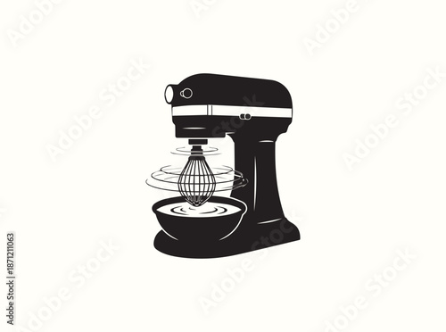 Isolated commercial mixer silhouette whisking batter, showing circular motion lines, white background
