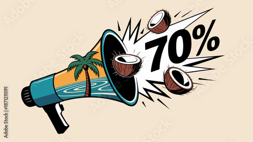 Bold promotional graphic featuring a megaphone with a tropical scene, announcing a massive 70% discount amidst bursting coconuts, ideal for summer sales and exciting deals