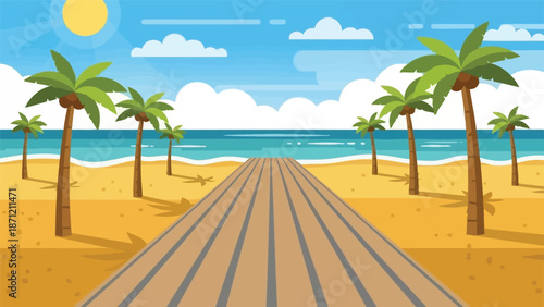 A sunny tropical beach scene with palm trees a sandy shore and a wooden pathway