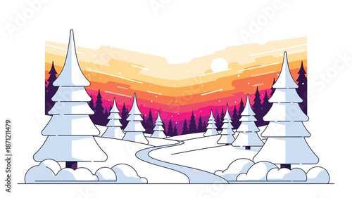 Winter landscape featuring snow covered evergreen trees and a vibrant sunset backdrop