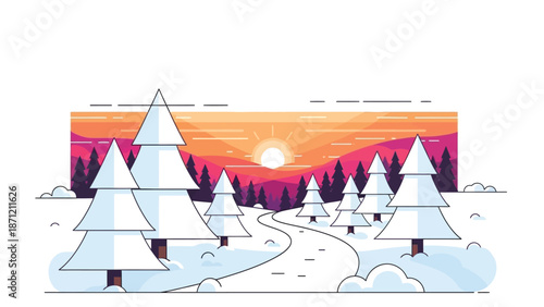 Winter landscape with snow covered trees winding path and a vibrant sunset scene