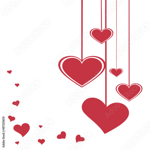 A charming white background features five large red hearts hanging from thin strings, each outlined in white. Smaller red hearts float upward in a gentle curve from the bottom left.