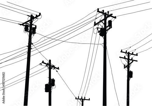 Electric power poles silhouette, black and white vector illustration, industrial energy transmission structure, urban electricity distribution design, utility line infrastructure concept