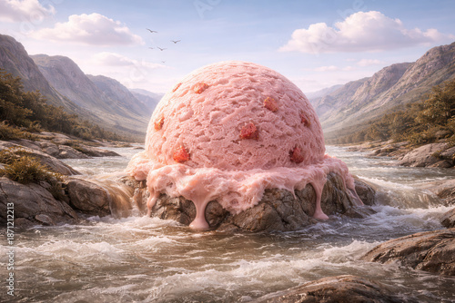 Giant ice cream in surreal landscape