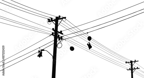 Electric power poles with crossing overhead wires and hanging shoes, black silhouette vector illustration of urban utility line network