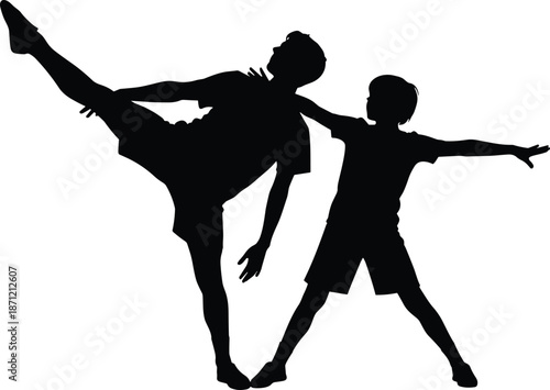Father and child dancing silhouette, expressing family bonding, joy, balance, movement, love, and playful connection in lifestyle and parenthood concept