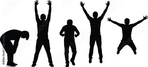 Man silhouette sequence showing emotional transition from sadness to joy, freedom, success, motivation, and personal growth concept in mental health and lifestyle design