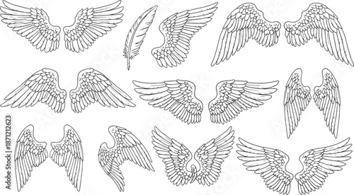 Hand Drawn Angel Wings Line Art Set, Detailed Feather Illustrations for Tattoo Design, Coloring Book, Logo, Emblem, and Vintage Decorative Graphics