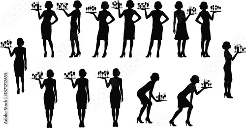 Elegant Waitress Silhouette Set of Female Servers Holding Drink Trays, Cocktail Service Poses for Restaurant, Bar, Hospitality Illustration and Design