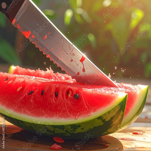 Close-up of a kitchen knife cutting watermelon into perfect slices
