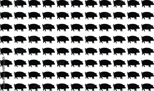 Pig Silhouette Pattern Background, Repeating Farm Animal Icons in Black and White for Agriculture Design, Textile Print, Wallpaper, and Decorative Graphic Use