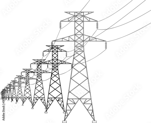High Voltage Power Transmission Towers Line Art Illustration, Electrical Pylons with Overhead Cables for Energy Infrastructure, Engineering Design, and Technical Graphic Use