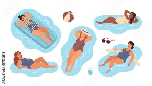 Pregnant women enjoying summer relaxation in swimming pool