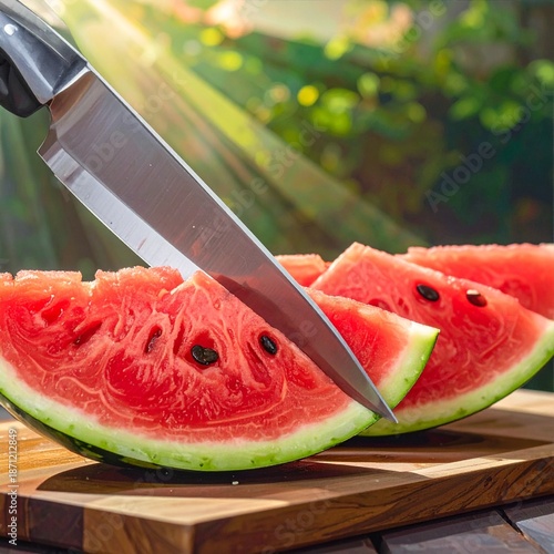 Close-up of a kitchen knife cutting watermelon into perfect slices
