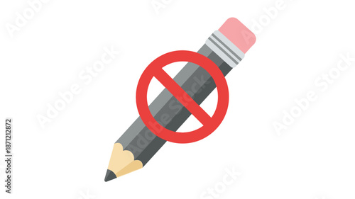 A gray pencil with a red prohibition sign overlaying it indicating restriction or cancellation