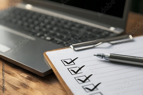 Metal pen rests on clipboard with completed checklist next to an open portable computer