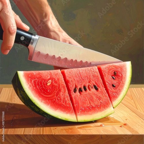 Close-up of a kitchen knife cutting watermelon into perfect slices