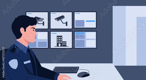 Security control room operator monitoring surveillance cameras on multiple screens