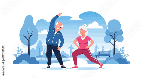 Senior couple enjoying outdoor exercises promoting health and wellbeing in the park