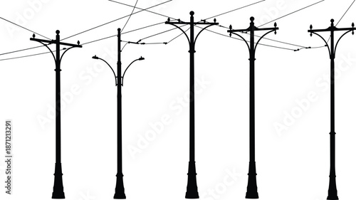 Flat vector silhouette, trolley utility poles with overhead wires, electricity distribution system, streetcar infrastructure, electrical grid, urban energy.