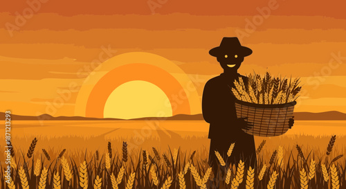 Silhouette of a farmer carrying a basket of wheat in a golden field at sunset
