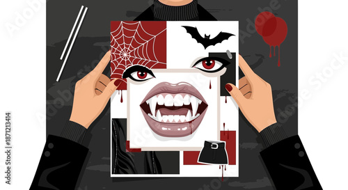 Vampire-themed graphic design artwork with bat, web, fangs and blood elements in a modern artistic