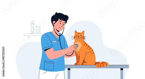 Veterinarian examining a cute tabby cat with a stethoscope, showcasing pet health and veterinary