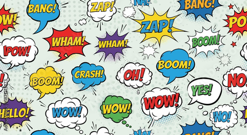 Vibrant Comic Book Speech Bubbles Bursting with Classic Exclamations and Onomatopoeia