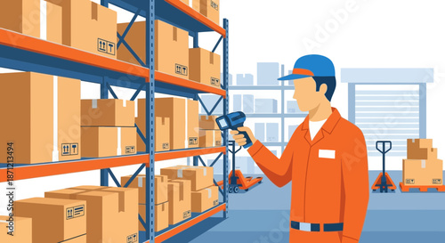 Warehouse worker scans boxes with barcode scanner during inventory management tasks