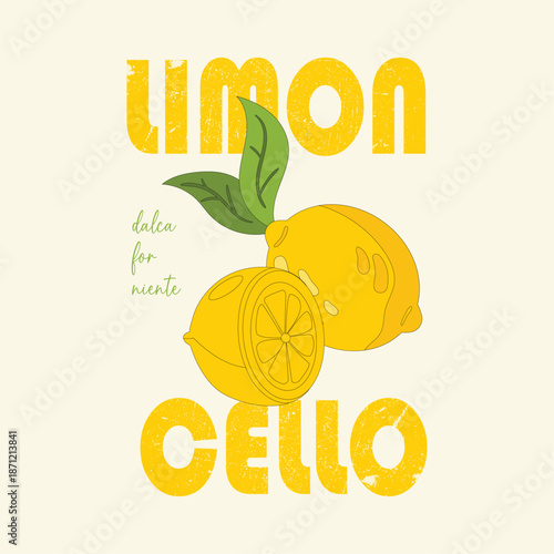 Minimalist and stylish graphic featuring hand-drawn lemons and Limoncello typography. Elegant vector art for bar menus, Italian apparel, and sophisticated kitchen prints.