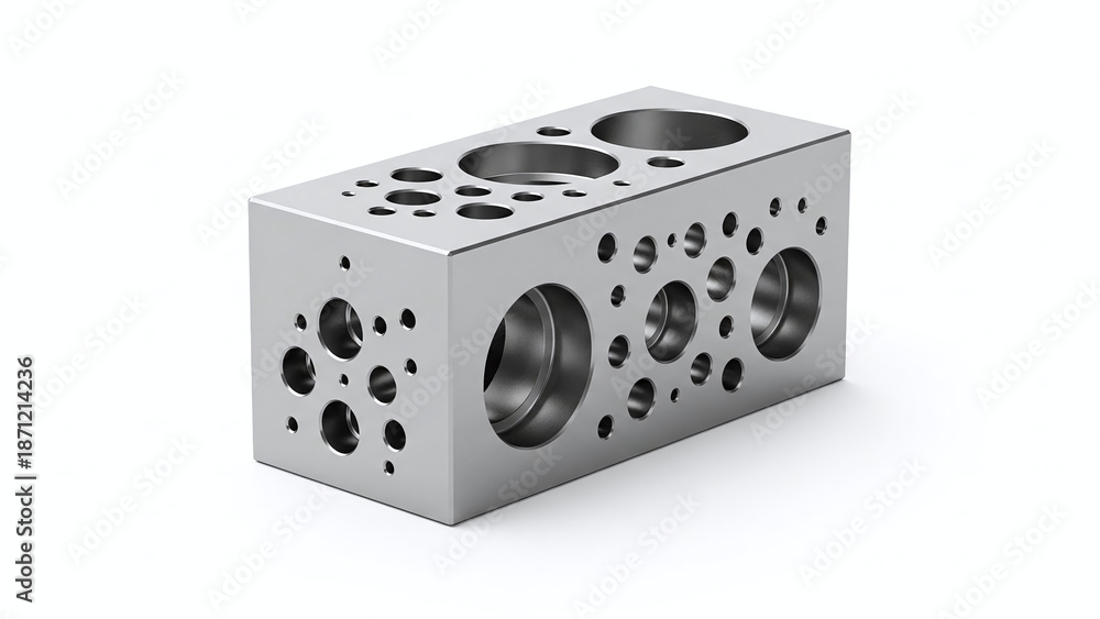 Fototapeta premium Silver metal block with multiple circular holes and smooth surfaces isolated on a white background.