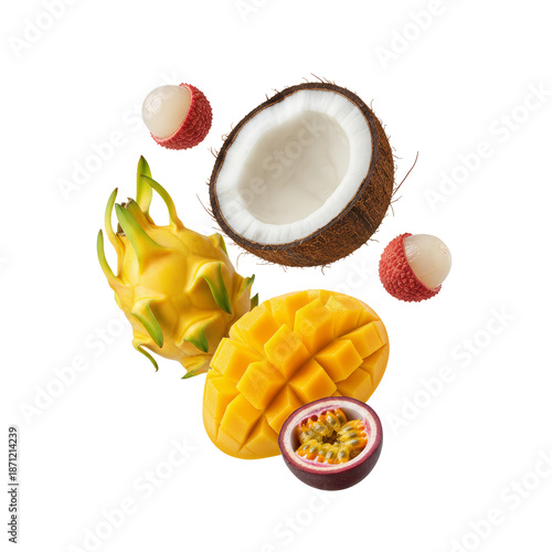 Exotic Fruits Assortment: Dragon Fruit, Mango, Coconut, Lychee, Passion Fruit