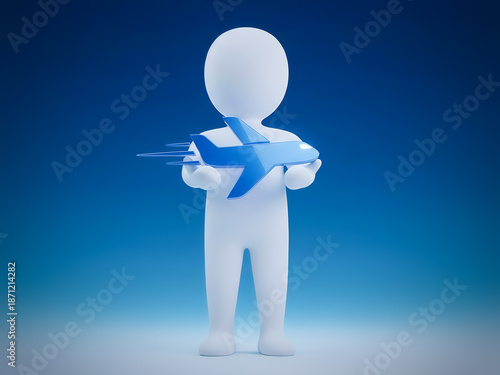 3d man holding a plane .
