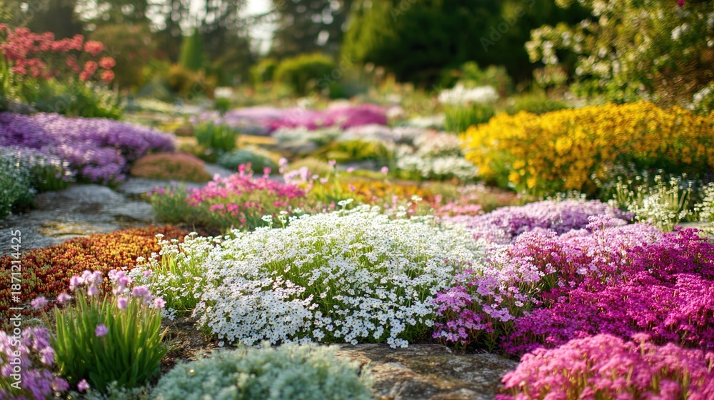 Obraz premium Colorful Flower Garden Landscape with Blooming Spring and Summer Flowers