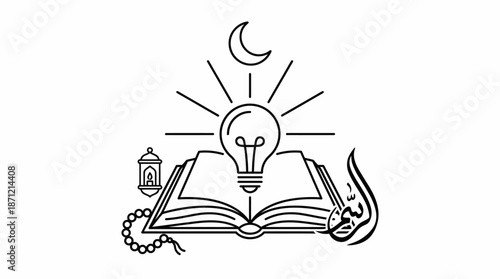 Islamic Knowledge Line Drawing Vector Featuring Open Book, Light Bulb, Crescent, Lantern, Prayer Beads, and Iqra Calligraphy for Educational and Spiritual Projects