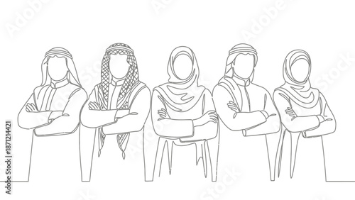 Middle Eastern Unity Line Drawing Vector Featuring Five Figures in Traditional Attire for Cultural Pride, Social Cohesion, and Identity-Themed Projects