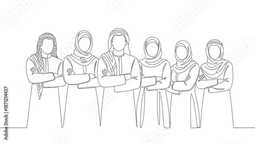 Middle Eastern Unity Line Drawing Vector Featuring Five Figures in Traditional Attire for Cultural Pride, Social Cohesion, and Identity-Themed Projects